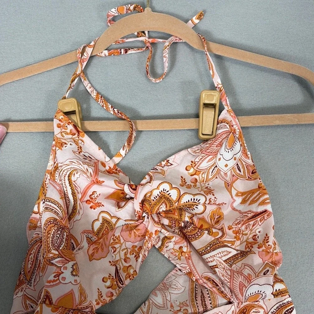 Boho Paisley Floral Halter Maxi Dress with Cutout‎ and Side Slit Orange Brown